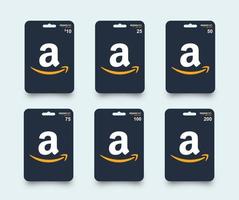 ensemble de cartes-cadeaux amazon. carte-cadeau amazone réaliste noire avec ensemble d'ombres 10, 25, 50, 75, 100, 200. carte-cadeau en plastique isolée sur fond blanc. vecteur