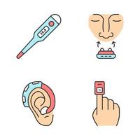 ensemble d'icônes de couleur de dispositifs médicaux. thermomètre, pince-nez anti-ronflement, amplificateur auditif, oxymètre de pouls au doigt. moniteur de température, amplificateur de son d'oreille, test de glucose. illustrations vectorielles isolées vecteur