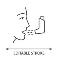 icône linéaire d'inhalateur d'asthme. traitement des maladies pulmonaires. inhalation. entraîneur respiratoire. délivrance de médicaments par voie orale. illustration de la ligne mince. symbole de contour. dessin de contour isolé de vecteur. trait modifiable vecteur