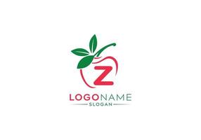 logo de la petite lettre z en pomme fraîche avec des feuilles vertes, logo de la lettre z et forme vectorielle de pomme aux fruits naturels vecteur