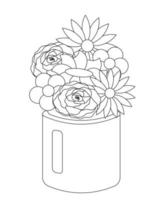 fleurs dans un vase. dessiner une illustration en noir et blanc vecteur