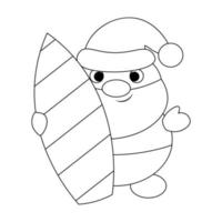 père noël d'été avec planche de surf. dessiner une illustration en noir et blanc vecteur