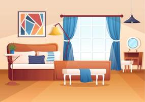 intérieur de chambre confortable avec des meubles comme lit, armoire, table de chevet, vase, lustre dans un style moderne en illustration vectorielle de dessin animé vecteur