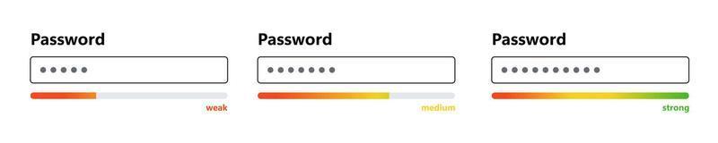 mot de passe interface faible, moyenne et forte. modèle de formulaire de mot de passe pour le site Web. barre de sécurité numérique. exigence de sécurité. interface de mise en page de conception d'application. illustration vectorielle isolée sur fond blanc vecteur