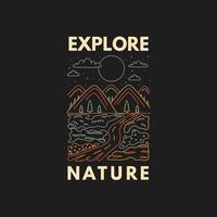 Explorer la nature. insigne avec montagnes, route et lune dans un style doodle. vecteur