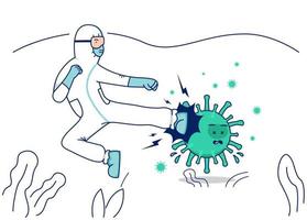 illustration vectorielle combattre le virus corona covid, médecin avec une combinaison de protection contre les matières dangereuses concept de virus de combat de coup de pied volant vecteur