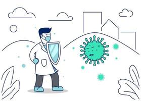 médecin combat le coronavirus corona covid-19 illustration vectorielle de la maladie pandémique avec bouclier et masque vecteur