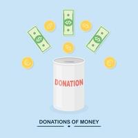 boîte de dons, pot avec de l'argent en dollars, pièce de monnaie. faire un don, donner de l'argent, charité, concept de bénévolat. conception de vecteur