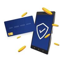 concept de smartphone avec carte de crédit de sécurité, protection des transactions financières, conception isométrique 3d, illustration vectorielle