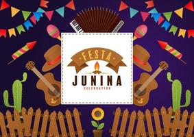 affiche festa junina festival de juin. folklore vacances guitare accordéon cactus été tournesol feu de camp. vecteur