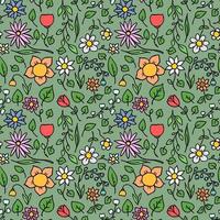 motif vectoriel floral harmonieux et coloré. vecteur de doodle avec motif floral sur fond vert. motif floral vintage