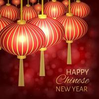 illustration vectorielle du nouvel an chinois avec des lanternes traditionnelles sur fond de bokeh rouge foncé. modèle de conception facile à modifier pour vos projets. peuvent être utilisés comme cartes de vœux, invitations, etc.