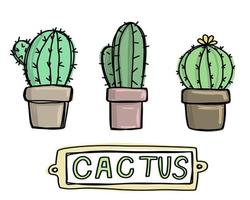 texte de cactus heureux de dessin animé mignon. collection de cactus. plante dans l'illustration de doodle isolé à la maison. vecteur