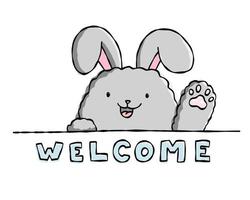 doodle bunny carte postale illustration vectorielle eps 10. imprimé bébé, bannière, brochure, animal de compagnie heureux avec visage souriant. texte de bienvenue avec lapin mignon isolé sur fond blanc.