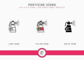 les icônes de pesticides définissent une illustration vectorielle avec un style de ligne d'icône solide. concept d'agriculture de jardinage de plantes. icône de trait modifiable sur fond isolé pour la conception Web, l'interface utilisateur et l'application mobile