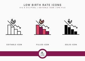 les icônes de faible taux de natalité définissent une illustration vectorielle avec un style de ligne d'icône solide. concept de population de perte de taux de natalité. icône de trait modifiable sur fond isolé pour la conception Web, l'infographie et l'application mobile ui. vecteur