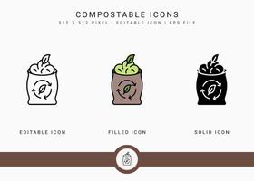 les icônes compostables définissent une illustration vectorielle avec un style de ligne d'icône solide. concept de bio décomposition. icône de trait modifiable sur fond isolé pour la conception Web, l'infographie et l'application mobile ui. vecteur