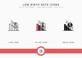 les icônes de faible taux de natalité définissent une illustration vectorielle avec un style de ligne d'icône solide. concept de population de taux de natalité de perte. icône de trait modifiable sur fond isolé pour la conception Web, l'interface utilisateur et l'application mobile vecteur