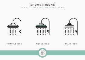 icônes de douche définies illustration vectorielle avec style de ligne d'icône. concept de salle de bain avec arroseur de douche. icône de trait modifiable sur fond blanc isolé pour la conception Web, l'interface utilisateur et l'application mobile vecteur