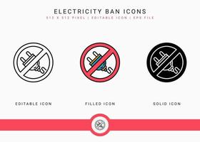 les icônes d'interdiction de l'électricité définissent une illustration vectorielle avec un style de ligne d'icône solide. symbole de panne de courant. icône de trait modifiable sur fond isolé pour la conception Web, l'interface utilisateur et l'application mobile vecteur