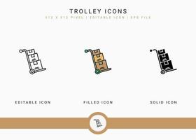 les icônes de chariot définissent l'illustration vectorielle avec un style de ligne d'icône solide. concept de vente au détail de magasin en ligne. icône de trait modifiable sur fond isolé pour la conception Web, l'interface utilisateur et l'application mobile vecteur