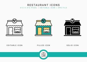 les icônes de restaurant définissent une illustration vectorielle avec un style de ligne d'icône solide. concept de plaque de nourriture de cafétéria. icône de trait modifiable sur fond isolé pour la conception Web, l'infographie et l'application mobile ui.
