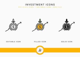 les icônes d'investissement définissent une illustration vectorielle avec un style de ligne d'icône. concept de régime de fonds de pension. icône de trait modifiable sur fond blanc isolé pour la conception Web, l'interface utilisateur et l'application mobile vecteur