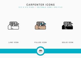 les icônes de charpentier définissent l'illustration vectorielle avec un style de ligne d'icône solide. concept de construction d'outils de marteau. icône de trait modifiable sur fond isolé pour la conception Web, l'interface utilisateur et l'application mobile vecteur