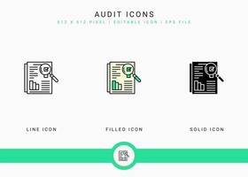 les icônes d'audit définissent l'illustration vectorielle avec un style de ligne d'icône solide. concept de contrôle d'aperçu financier. icône de trait modifiable sur fond isolé pour la conception Web, l'infographie et l'application mobile ui. vecteur