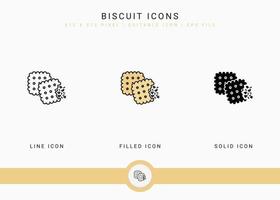 les icônes de biscuit définissent une illustration vectorielle avec un style de ligne d'icône solide. concept de morsure de biscuit. icône de trait modifiable sur fond isolé pour la conception Web, l'interface utilisateur et l'application mobile