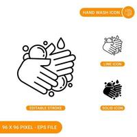 les icônes de lavage à la main définissent une illustration vectorielle avec un style de ligne d'icône solide. concept de désinfection des germes. icône de trait modifiable sur fond isolé pour la conception Web, l'infographie et l'application mobile ui. vecteur