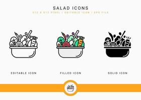 les icônes de salade définissent une illustration vectorielle avec un style de ligne d'icône solide. concept de régime alimentaire sain. icône de trait modifiable sur fond blanc isolé pour la conception Web, l'interface utilisateur et l'application mobile vecteur