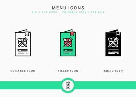 les icônes de menu définissent une illustration vectorielle avec un style de ligne d'icône solide. concept de listes de plats de restaurant. icône de trait modifiable sur fond isolé pour la conception Web, l'infographie et l'application mobile ui.