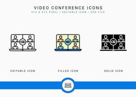 les icônes de vidéoconférence définissent une illustration vectorielle avec un style de ligne d'icône solide. concept de communication en ligne. icône de trait modifiable sur fond isolé pour la conception Web, l'interface utilisateur et l'application mobile vecteur