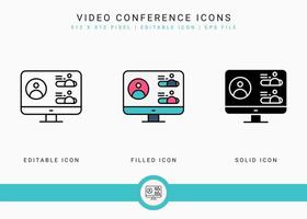 les icônes de vidéoconférence définissent une illustration vectorielle avec un style de ligne d'icône solide. concept de communication en ligne. icône de trait modifiable sur fond isolé pour la conception Web, l'infographie et l'application mobile ui. vecteur