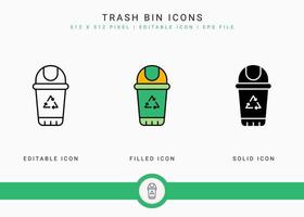 les icônes de la poubelle définissent une illustration vectorielle avec un style de ligne d'icône solide. recycler le concept de panier à ordures. icône de trait modifiable sur fond isolé pour la conception Web, l'infographie et l'application mobile ui. vecteur