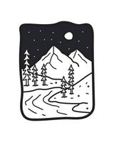 montagne et rivière camping nature aventure dans la nuit ligne sauvage insigne patch broche illustration graphique vecteur art t-shirt design