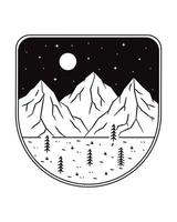 illustration de paysage de trois montagnes et quelques pins avec des étoiles de mai en dessin au trait mono, illustration vectorielle abstraite, art de t-shirt, image vectorielle de conception vecteur