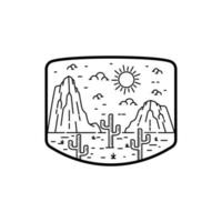 collines rocheuses et cactus la nuit en dessin au trait mono, illustration vectorielle de badge, art de t-shirt, vecteur de conception