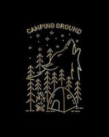 terrain de camping de loup, dessin au trait mono, conception de tee-shirt, conception de t-shirt vecteur