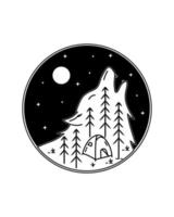 terrain de camping et illustration de loup en dessin au trait mono, illustration vectorielle de badge, art de t-shirt, image vectorielle de conception vecteur