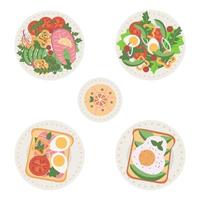 ensemble de plats délicieux et frais, salades et sandwichs, illustrations vectorielles de concept de saine alimentation sur fond blanc vecteur