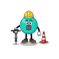 dessin animé de personnage de ballon d'exercice travaillant sur la construction de routes