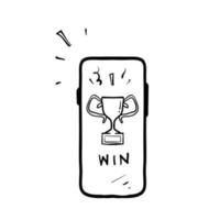 smartphone doodle dessiné à la main et symbole d'illustration de trophée pour le gagnant isolé vecteur