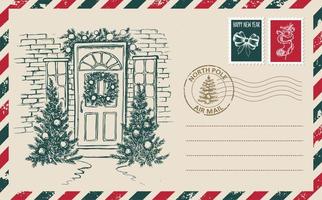 courrier de noël, carte postale, illustration dessinée à la main. vecteur