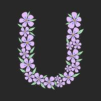 alphabet botanique floral. lettre de monogramme vintage dessiné à la main u. lettre avec plantes et fleurs. lettrage de vecteur isolé sur blanc