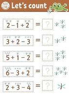 combien de jeux de libellules avec des insectes mignons et une grenouille. activité d'addition mathématique de la forêt d'été pour les enfants d'âge préscolaire. feuille de calcul de comptage simple à imprimer pour les enfants vecteur