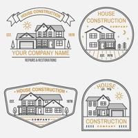 ensemble d'identité d'entreprise de construction de maisons avec maison américaine de banlieue. illustration vectorielle. insigne de ligne mince, signe pour les affaires liées à l'immobilier, au bâtiment et à la construction. vecteur