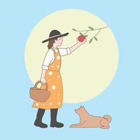 illustrations de personnages de dessins animés de femme cueillant des pommes dans le jardin avec un chien, style minimal