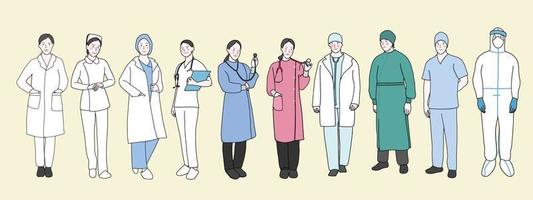 collection de médecins et d'infirmières en uniformes différents pour le travail et la prévention vecteur